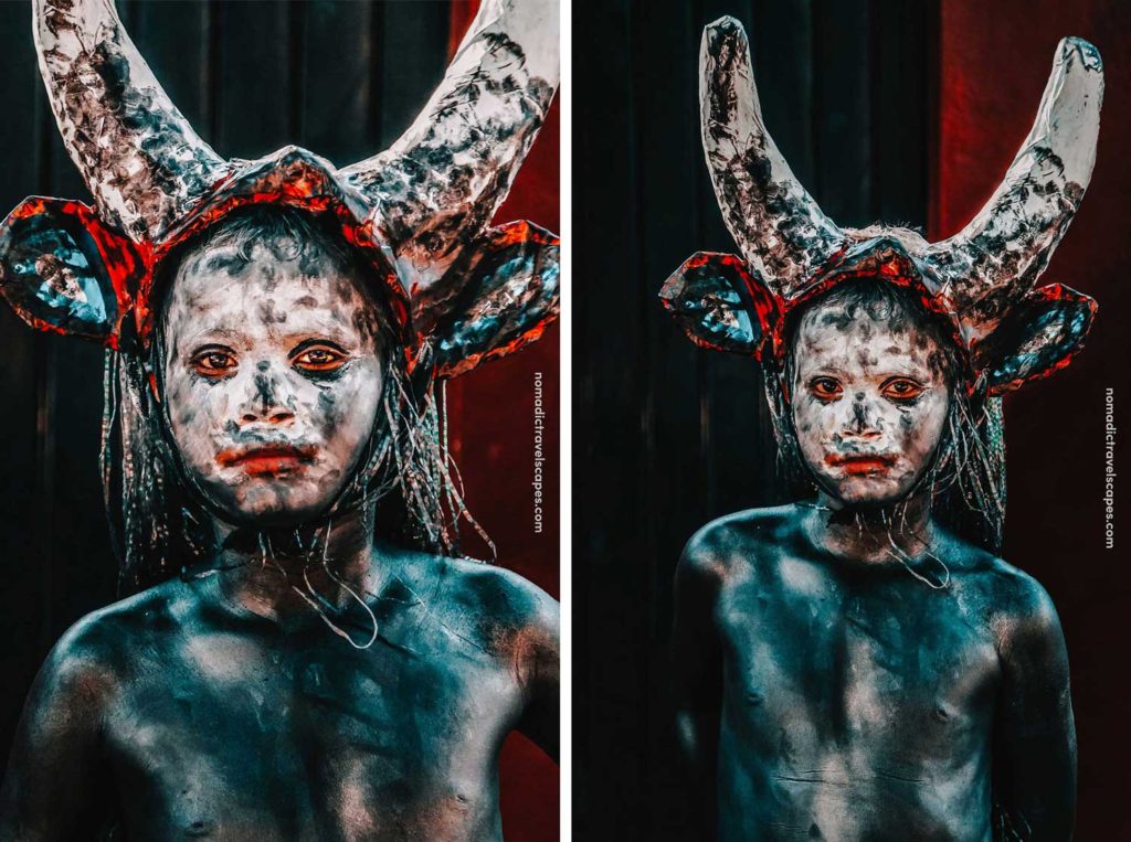 Two side by side portraits of a young boy dressed as demon with bull horns and black oil on body, for a carnival in Oaxaca, Mexico