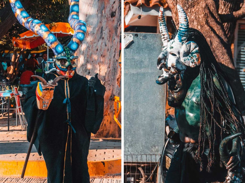 Side by side photos of Two Mexican Men Dressed As Demons With Skull Masks, In Oaxaca