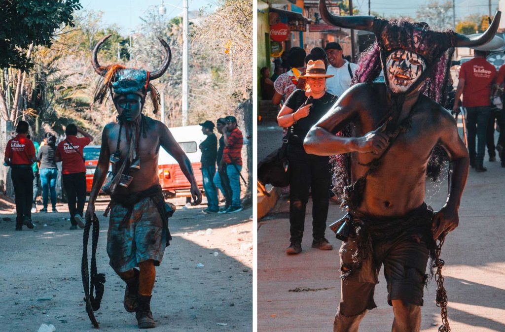 Mexican Men Dressed Up In Carnival Costume With Bull Horns, In Oaxaca