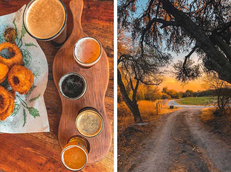 Two Images - The Left With A Tray Of Onion Rights & Beer. Right Showing The Sunset In San Miguel De Allende