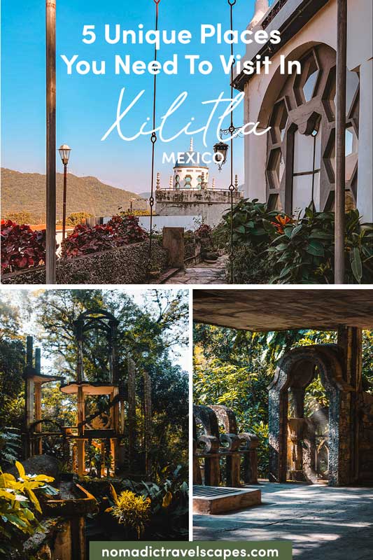 Pinterest Pin with three photos of Xilitla, Mexico. Top photo of Posada El Castillo, bottom photos of Las Pozas