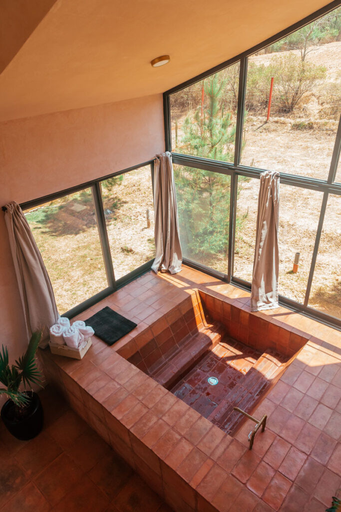 Top view of a pink hot tub next to a large window overlooking trees