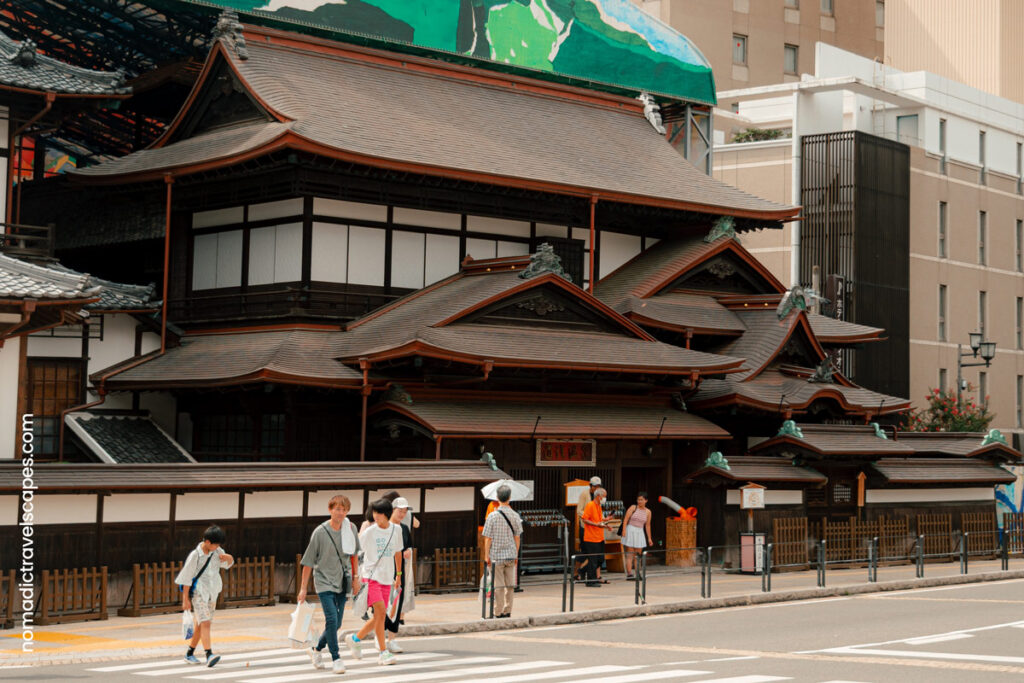 People waiting in line at the entrance of Dogo Onsen in Matsuyama