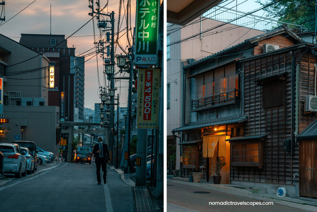 Left: Man walking in the streets of Matsuyama
Right: Glowing Ryokan building with a yellow lamp at entrance