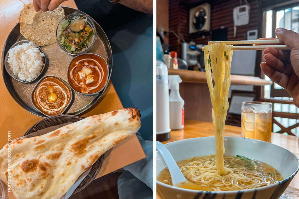 Left: Plate of Indian food with naan, rice and two curries
Right: Noodles held by a chopstick over a bowl