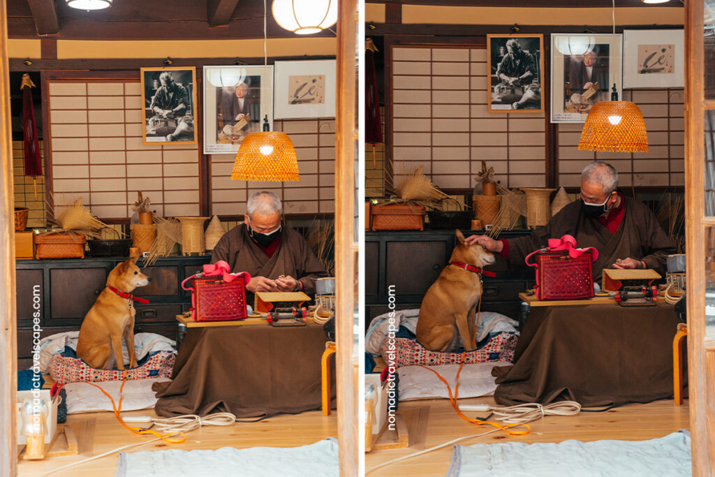 A Japanese man working on a handmade bag with his dog next to him on a dog bed