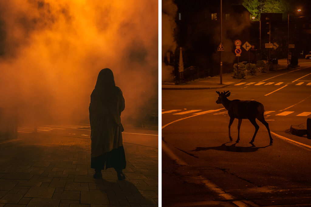 Left: Girl with a coat standing against the sulphur fog of Noboribetsu Onsen town.
Right: Deer walking the streets of Japanese town of Noboribesu