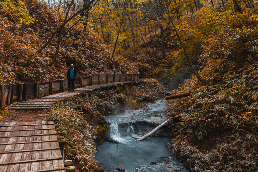 A wooden plank with place to sit and dip feet in Oyunuma Natural Foothbath