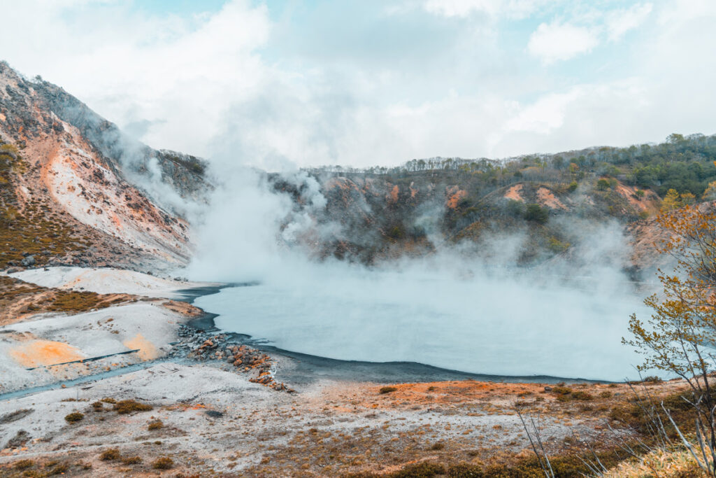 Sulphur Pond of Jigokudani Hell Valley, Noboribetsu with sulphur steams